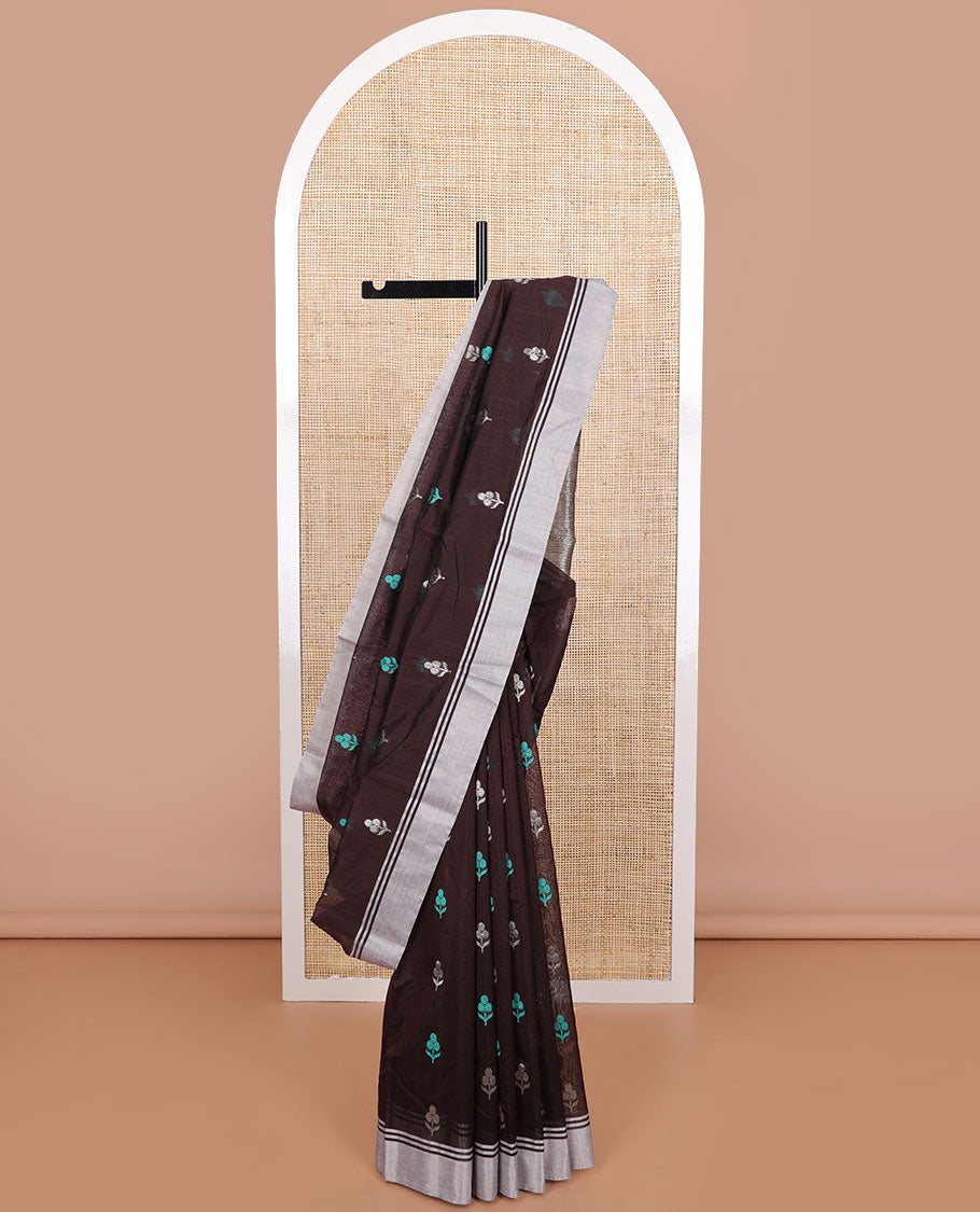 Brown floral motifs chanderi cotton saree with self zari design border & striped pallu