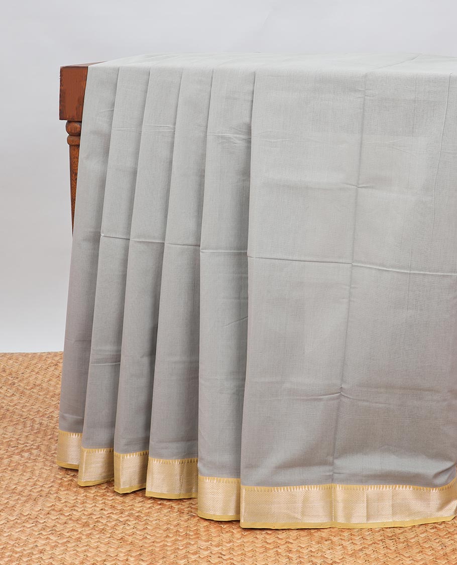 Grey mangalagiri cotton saree with contrast striped, temple border & striped pallu