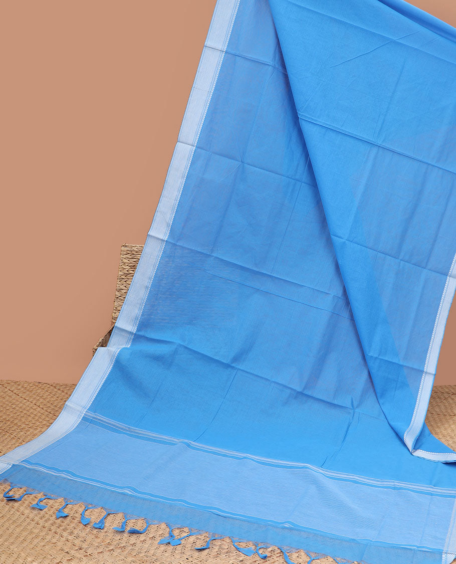 Blue mangalagiri cotton saree with self zari design border & striped pallu
