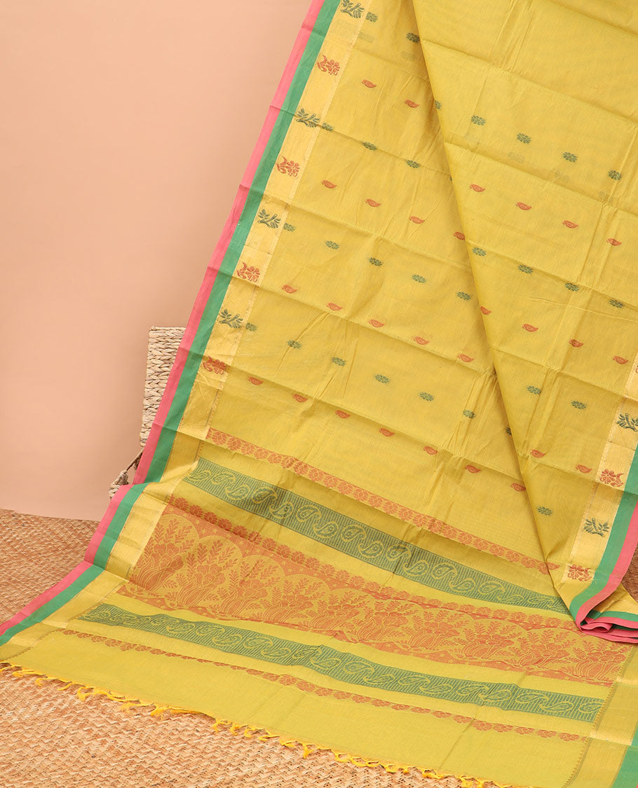 Yellow floral motifs kanchi cotton saree with contrast floral design border & floral design pallu
