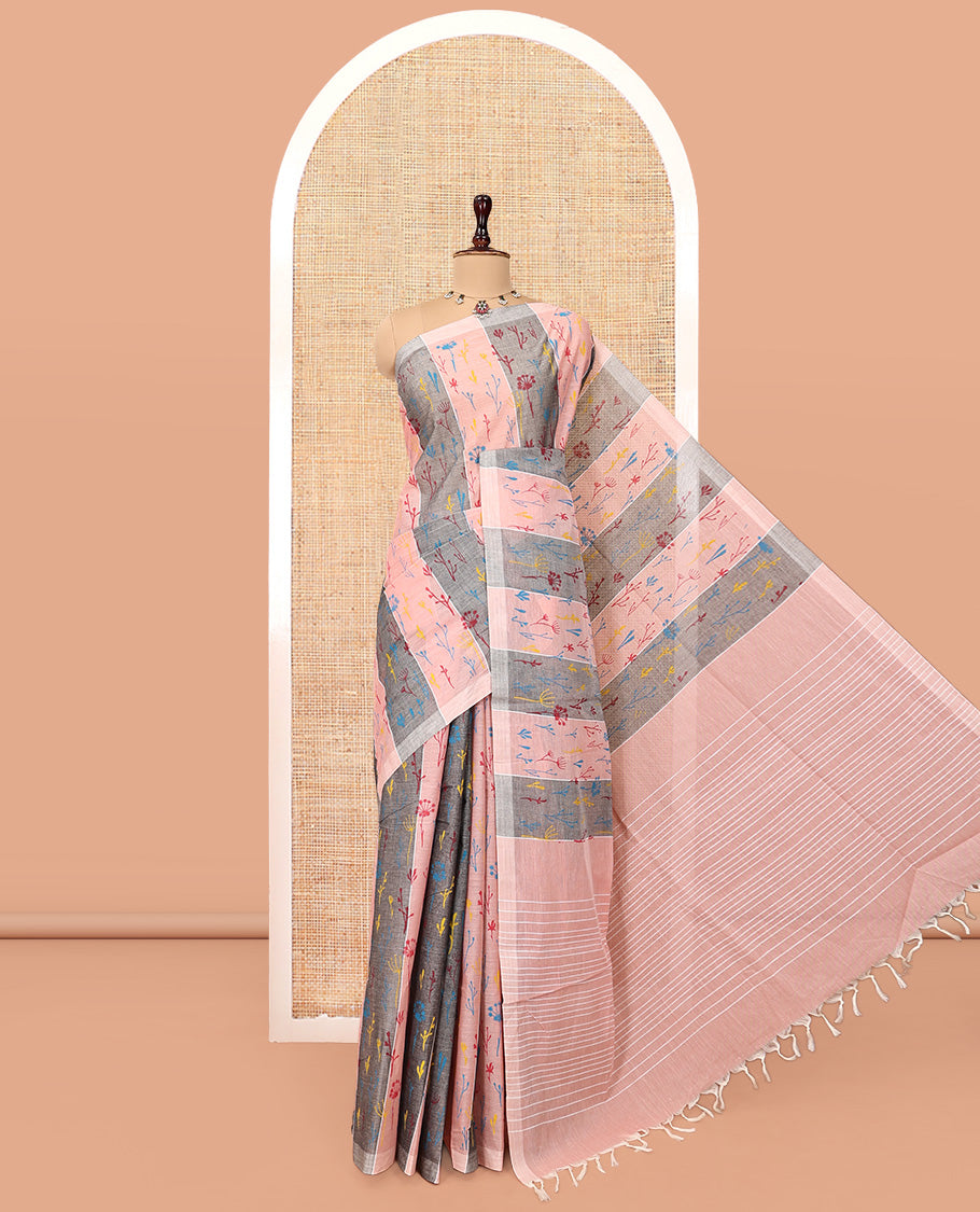 Borderless Pink-Grey Jute Cotton Saree, Steeped with Tropical Floral Print, a Subtly Striped Pallu, and a Contrast Blouse