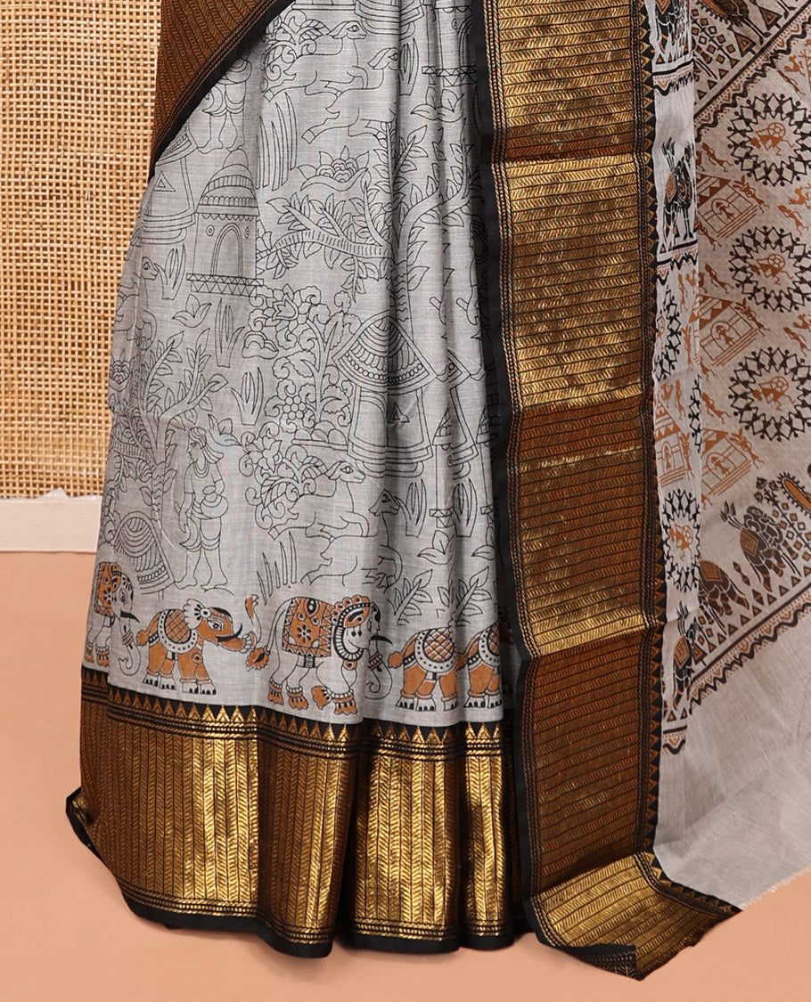 Grey Cotton Saree, Artfully Detailed with Flora-Fauna Village-Themed Print, Contrast Traditional Zari Border, Pallu of Warli Print, and a Matching Blouse