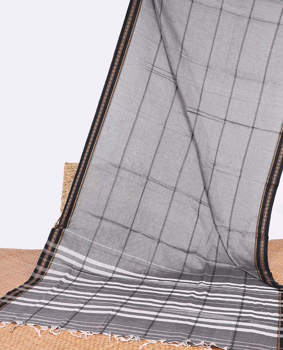 Grey striped design narayanapet cotton saree with contrast zari design border & checked pallu