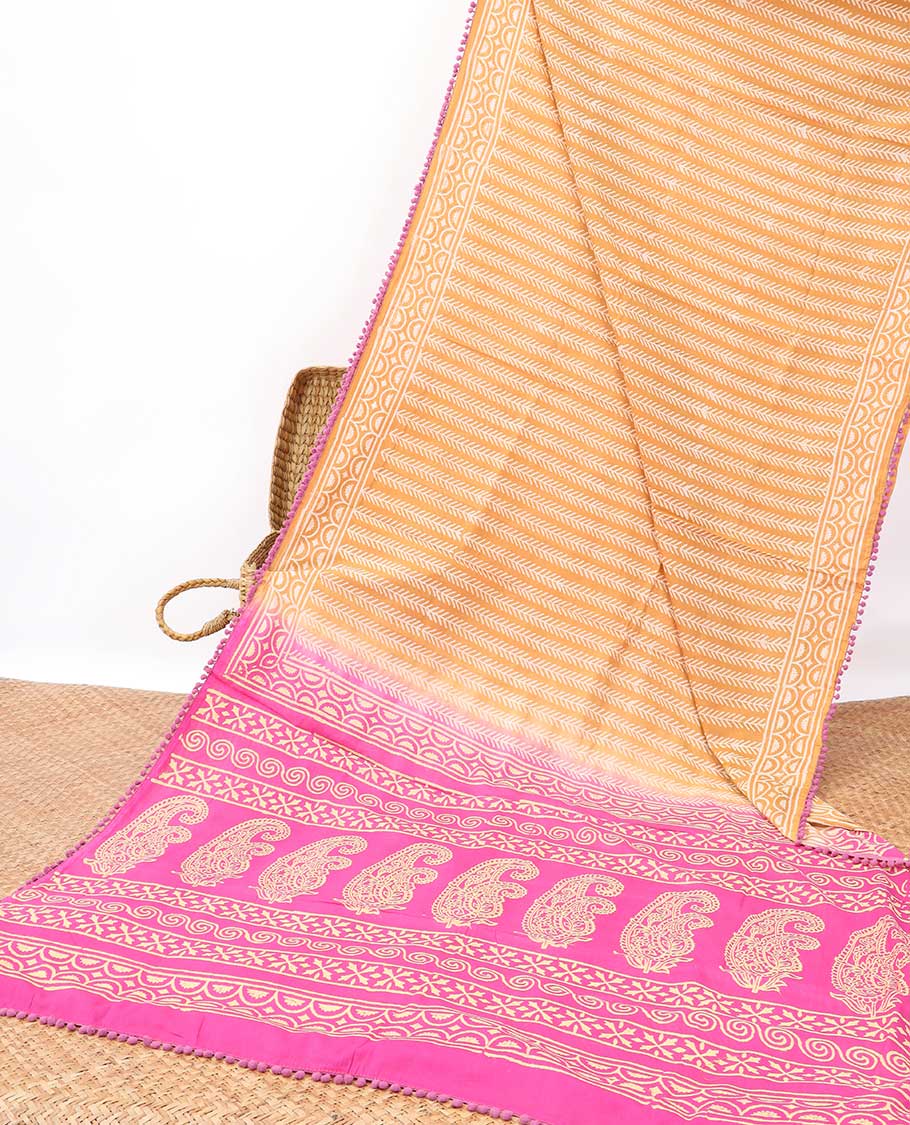 light orange lead vine design mul mul cotton saree with sel geometric design border & floral, paisley design pallu