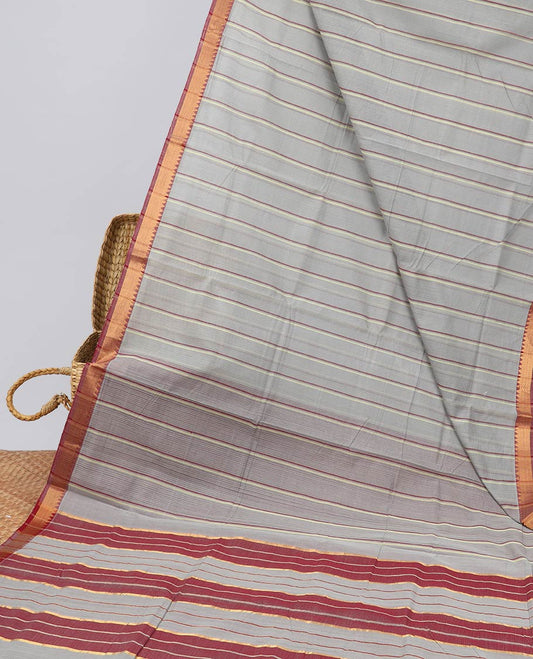 Grey striped mangalagiri cotton saree with contrast temple zari border & striped pallu
