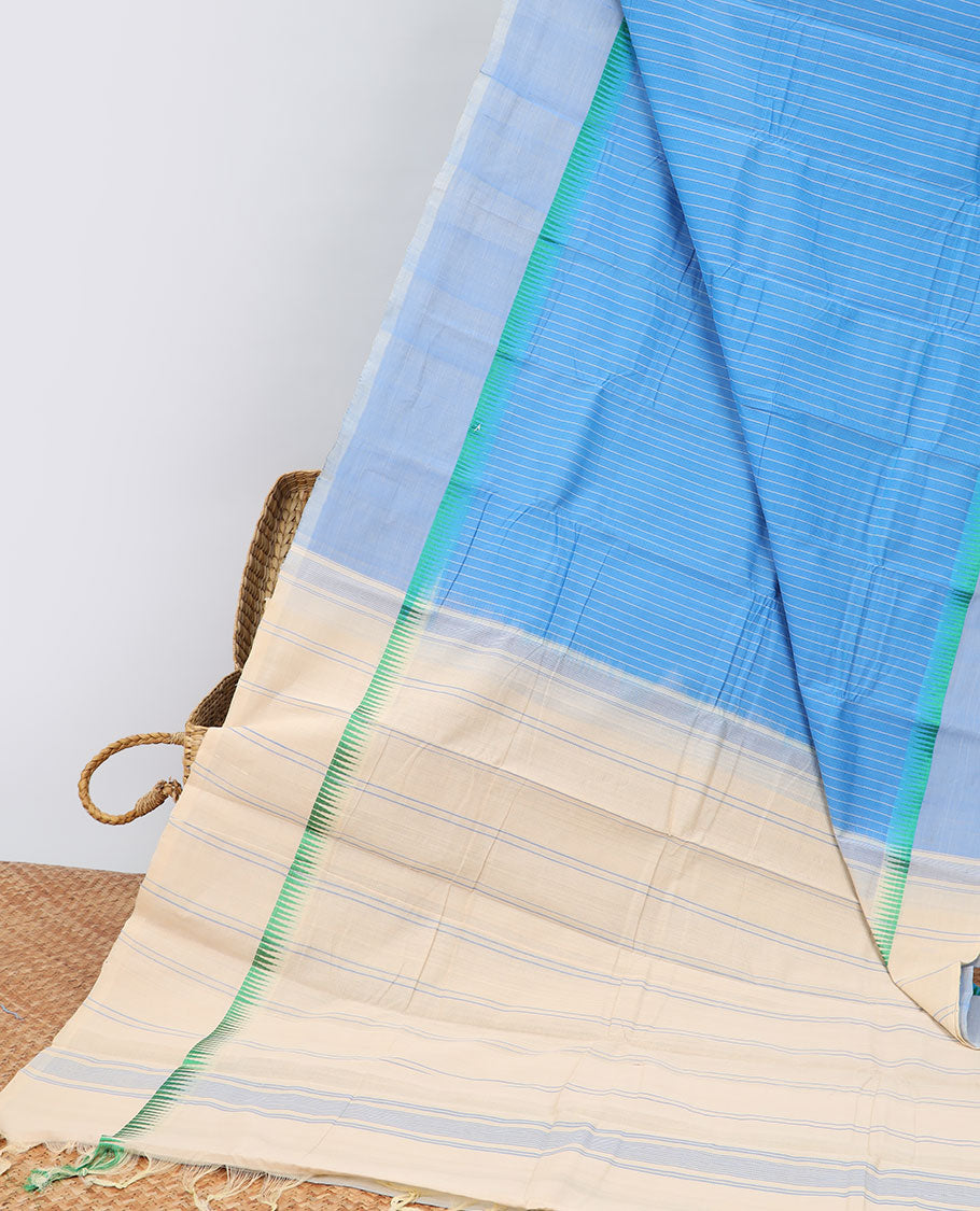 Blue striped khadi cotton saree with contrast temple border & striped pallu