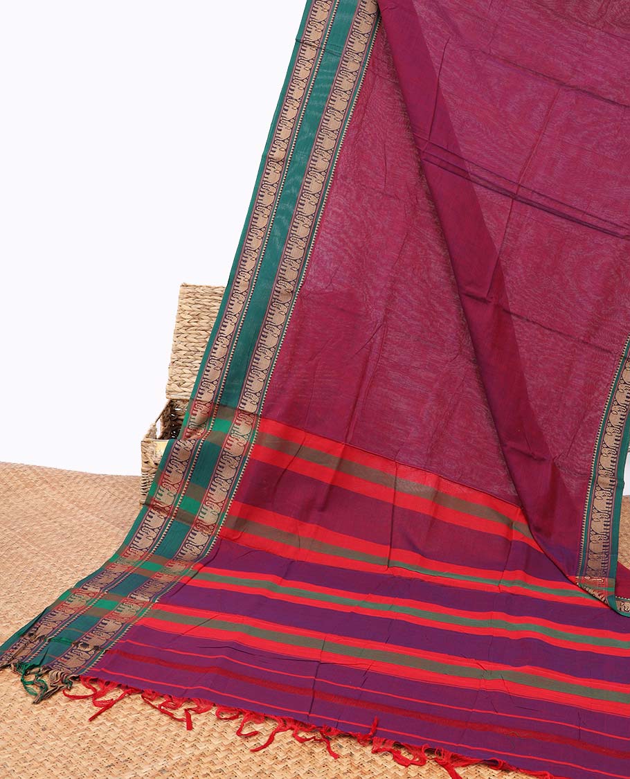 Red narayanapet cotton saree with contrast elephant zari design border & striped pallu