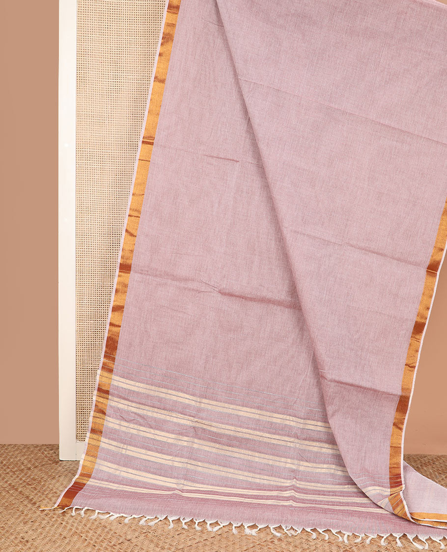 Pale pink plain jute cotton saree, zari border, and striped pallu