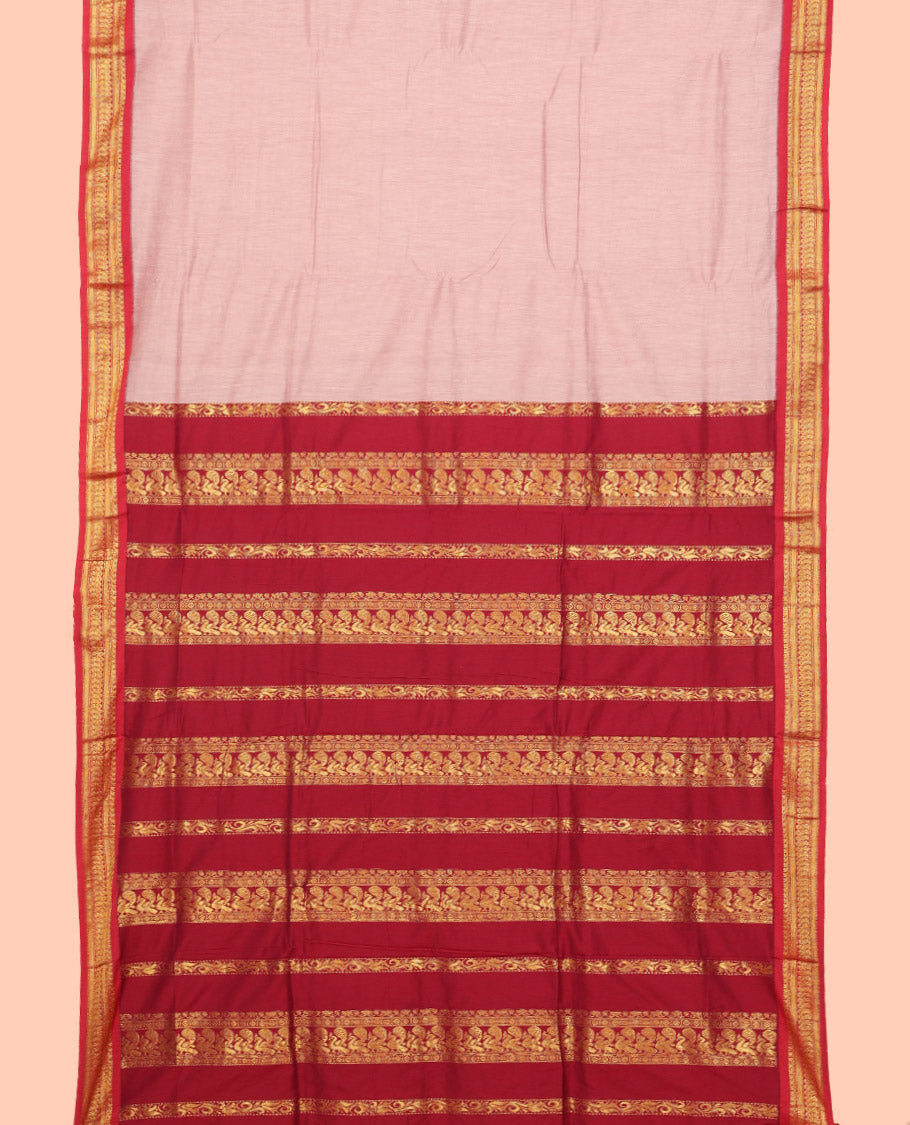 Grey Plain Nine Yard Cotton Saree, Complemented by Contrast Traditional Zari Design Border, Pallu of Traditional Designs, and Comes Without a Blouse