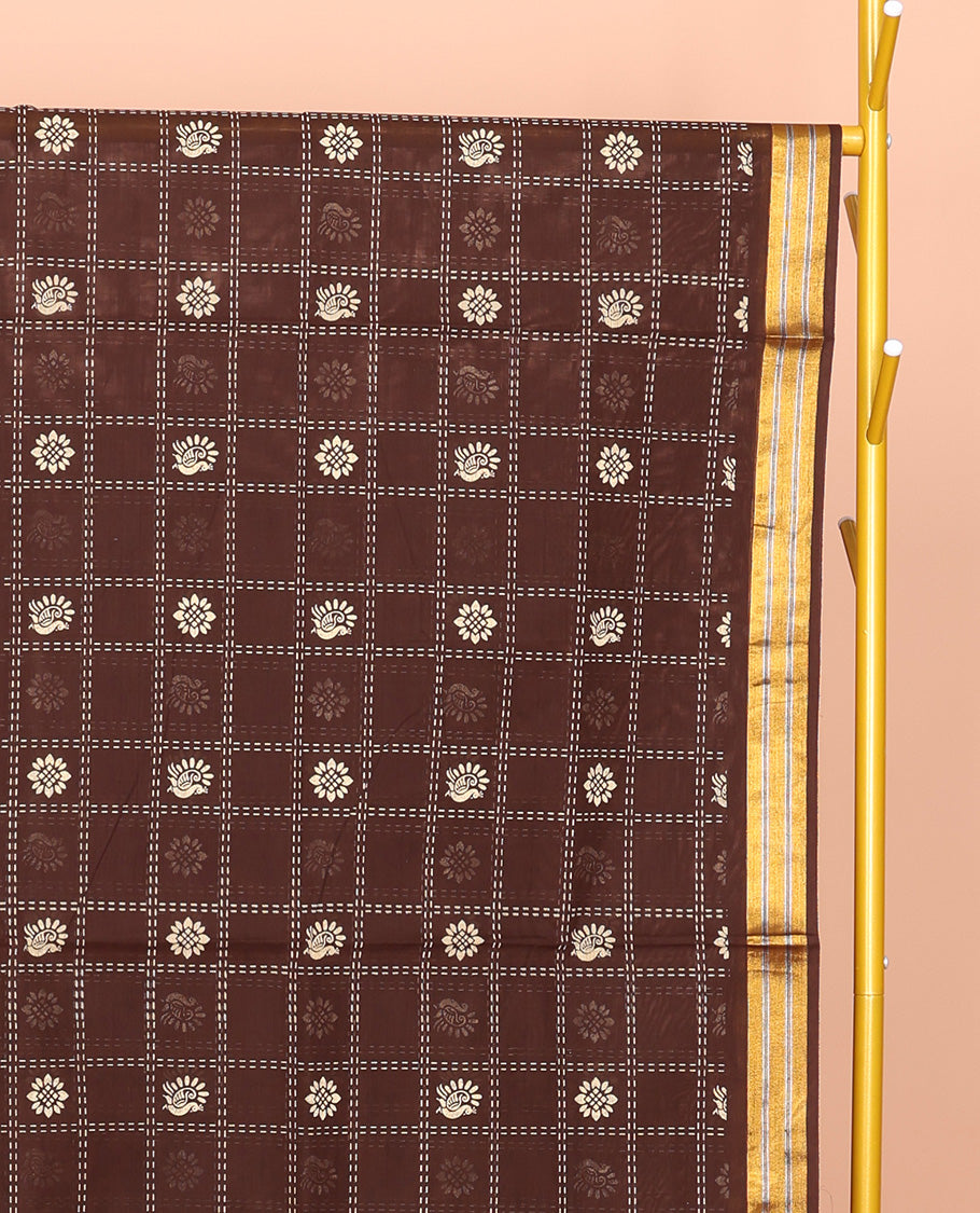 Brown Venkatagiri Cotton Saree, Finely Crafted with Butta-Enclosed Checks, a Contrast Floral Creeper Zari Border, Peacock Butta Pallu, and No Blouse