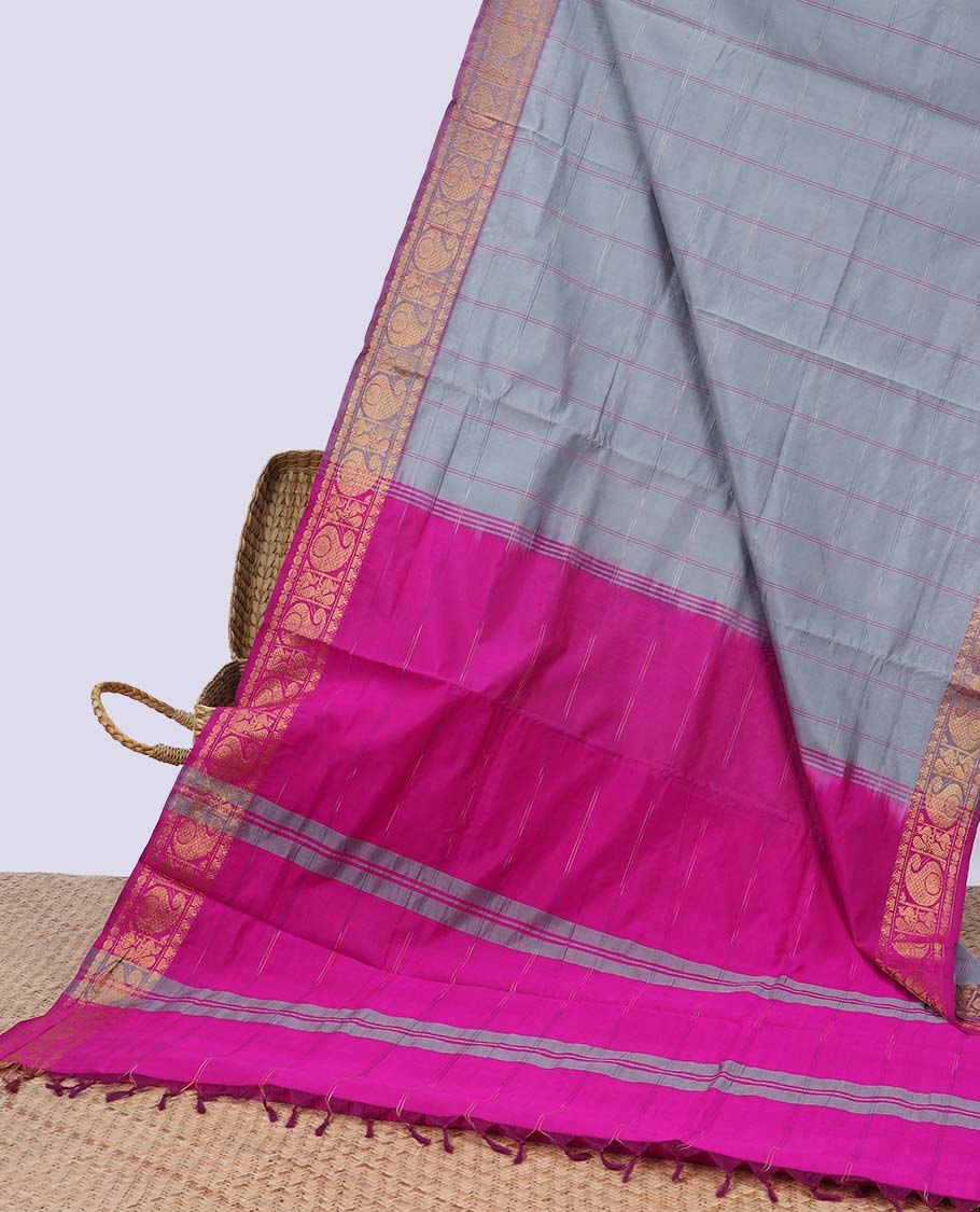 Grey striped mangalgiri cotton saree with contrast paisley design border & striped pallu