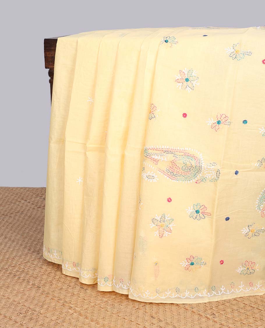 Pastel yellow floral motifs embroidery chikankari cotton saree with self floral border & paisley, floral embroidery pallu