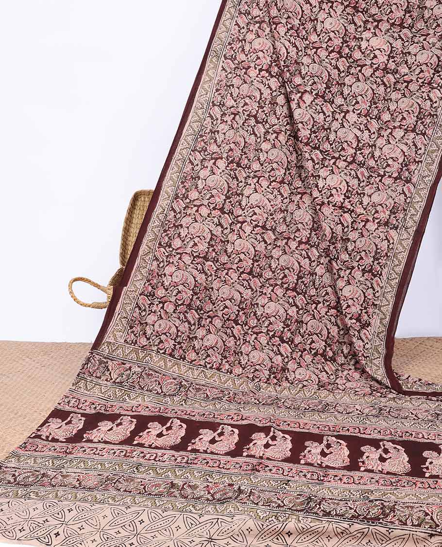 Brown intricate floral design machine-printed kalamkari saree with self plain border & human inspired design pallu