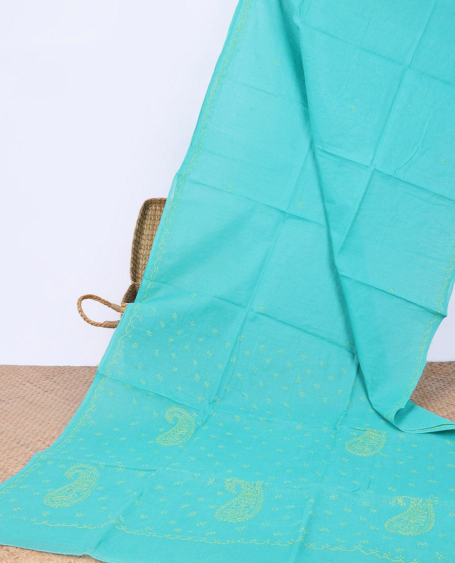 Green floral embroidery lucknowi chikankari cotton saree,self-border & pallu of floral & paisley embroidery