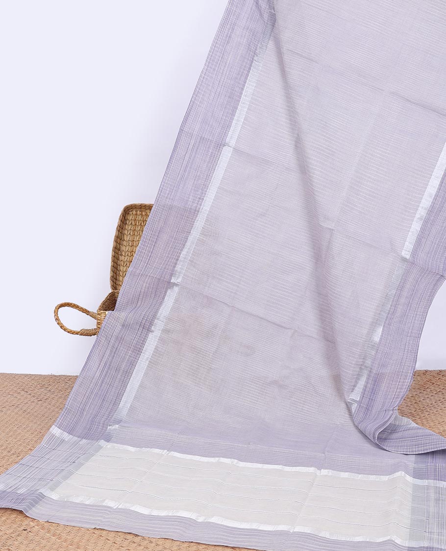 Grey venkatagiri cotton saree with self zari border & striped pallu