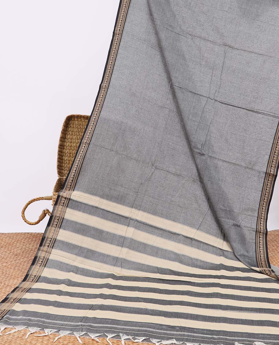 Grey narayanapet cotton saree with self zari border & pallu of stripes