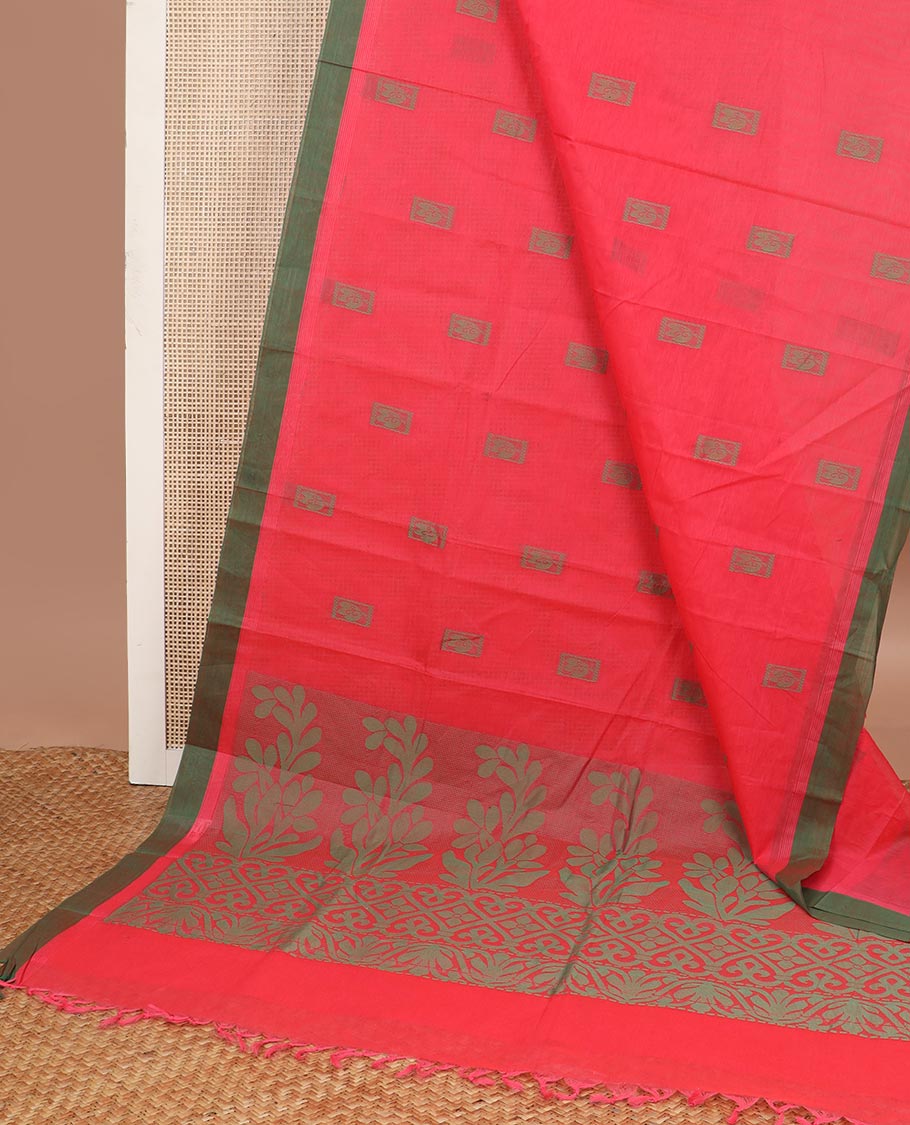 Red floral motifs kanchi cotton saree with contrast border & floral design pallu