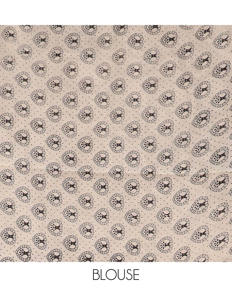 Brown floral vine machine printed kalamkari cotton saree, contrast floral printed border, and pallu of peacock print