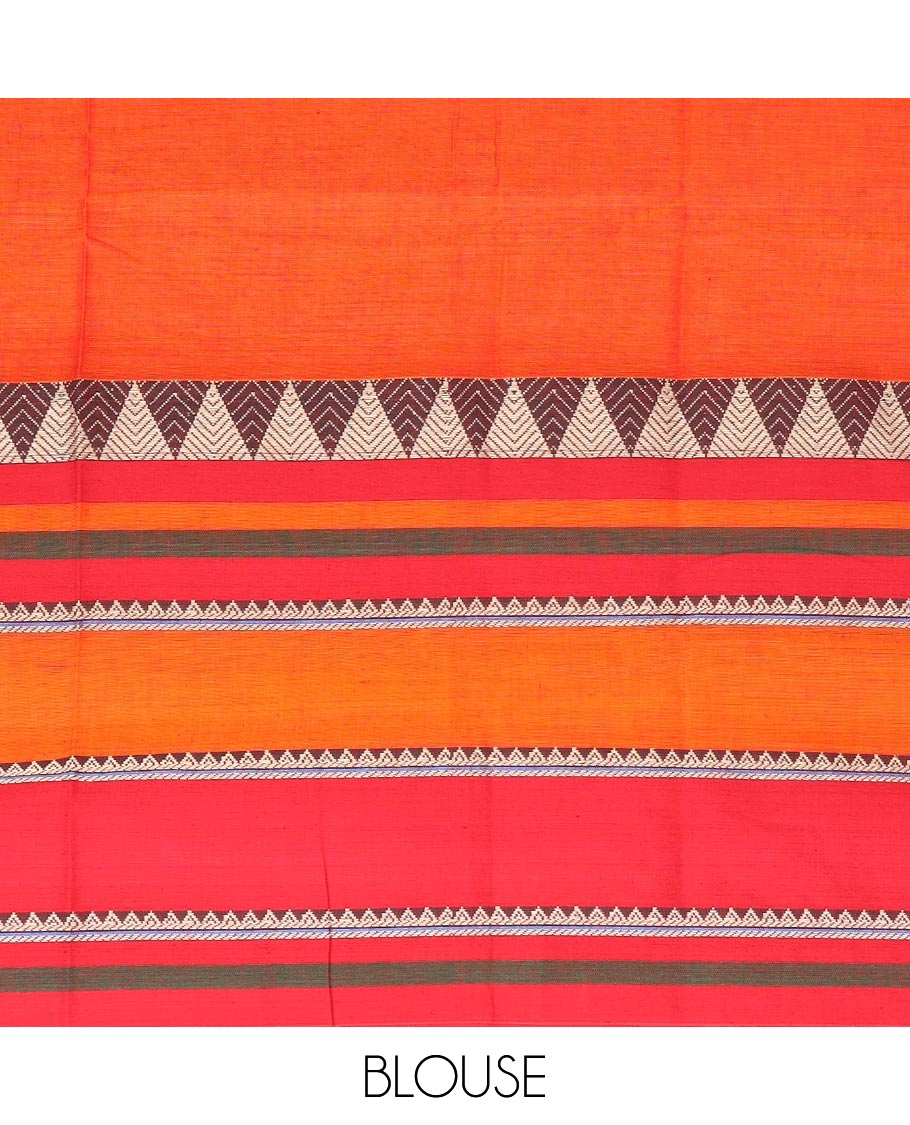 Orange plain Narayanapet cotton saree, contrast temple motifs woven big down border, and striped pallu