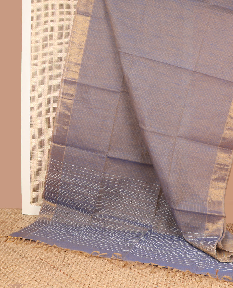 Grey sparesly striped jute cotton saree, bavanji border, and striped pallu