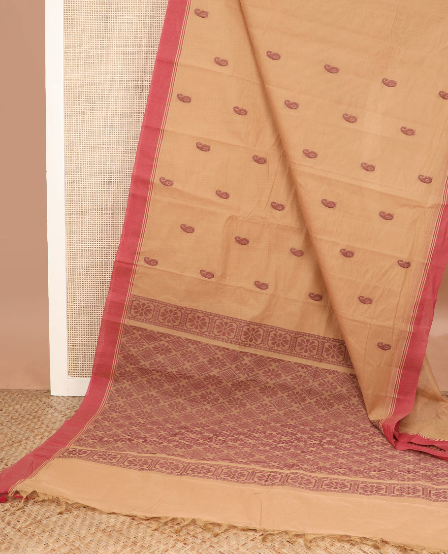 Sandal paisley buttas kanchi cotton saree, contrast border, and floral, and diamond patterned pallu