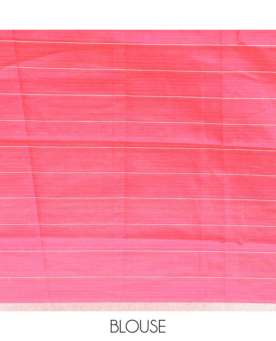 Sandal checked with floral embroidered chirala cotton saree, plain border, and contrast striped pallu