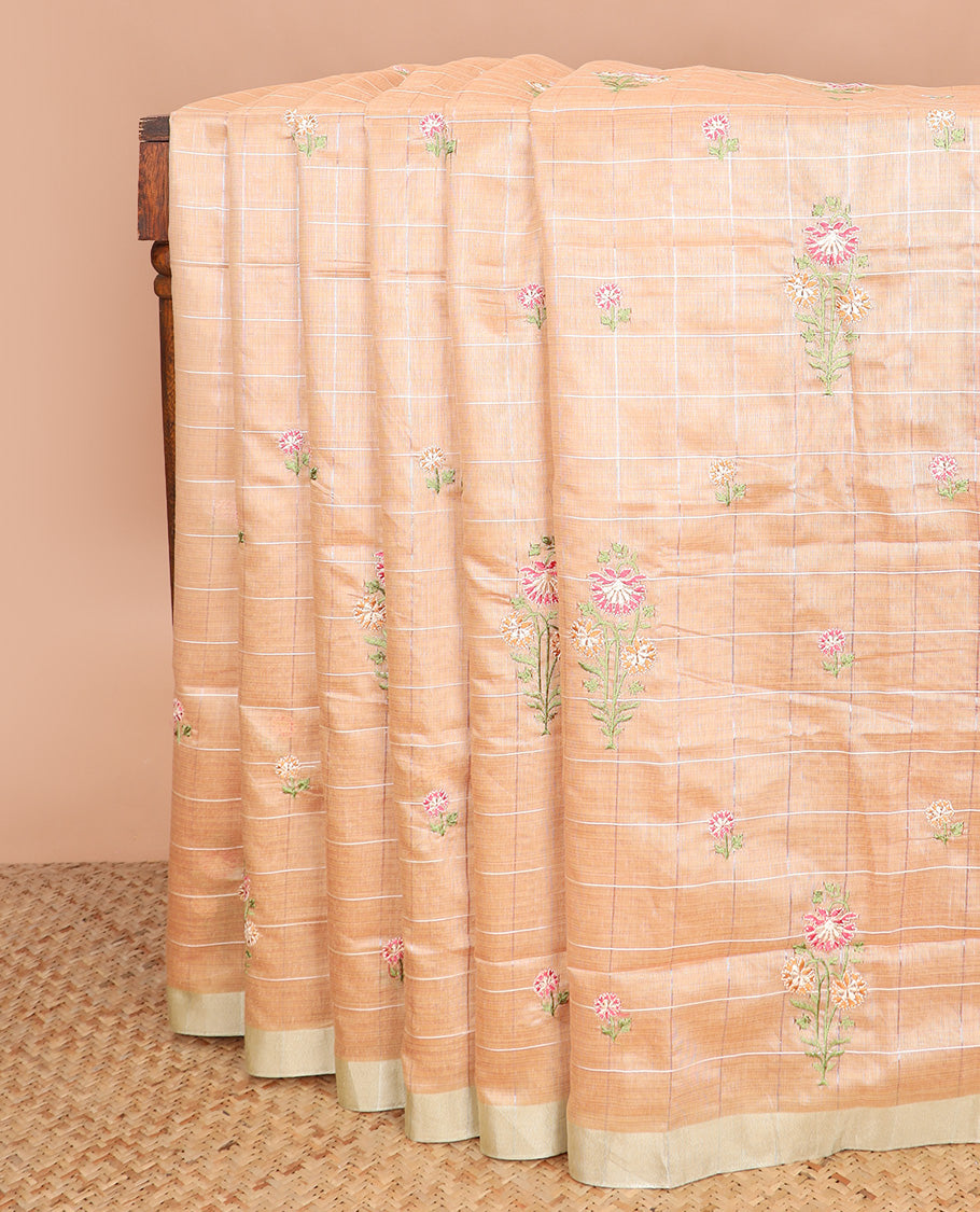 Sandal checked with floral embroidered chirala cotton saree, plain border, and contrast striped pallu