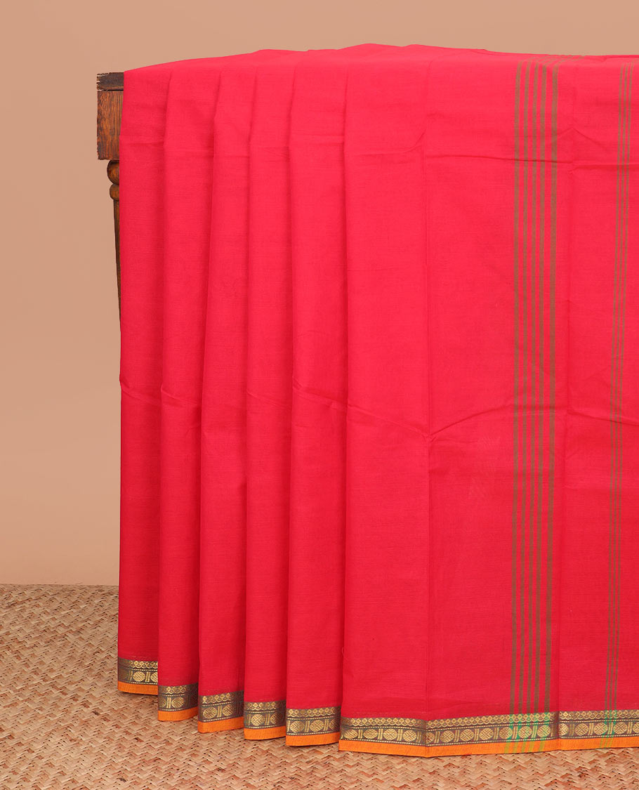 Red plain Chettinad cotton saree, contrast traditional zari border, and striped pallu