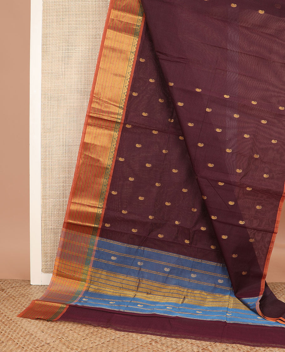 Brown paisley buttas Venkatagiri cotton saree, contrast traditional zari design border, and zari striped pallu