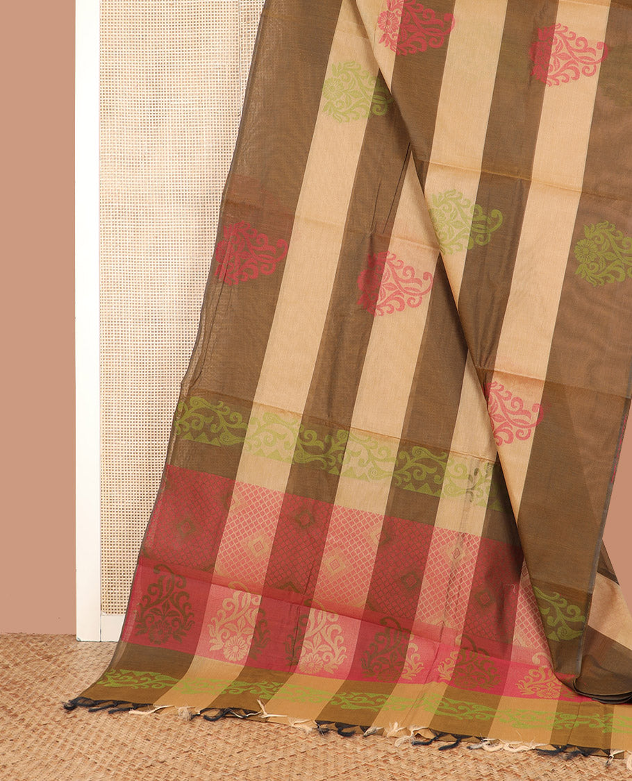Borderless Brown and Sandal Coimbatore Cotton Saree Vibrantly Designed with Buttas All Over Its Body, Complemented by Pallu of Floral-Geometric Designs, and Paired with a Matching Blouse