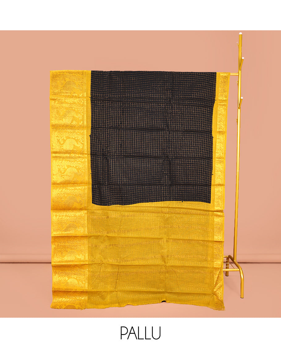 Black Sungudi Cotton Saree, Detailed with Zari Checks on Its Body, Complemented by a Contrast Traditional Zari Border of Big Peacocks, Zari-Striped Pallu, and Paired with a Contrast Blouse