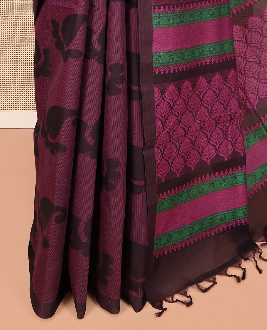 Purple Coimbatore Cotton Saree, Featuring Paisley Buttas on Its Body, a Contrast Border, Pallu of Ogee Design, and Paired with a Contrast Blouse