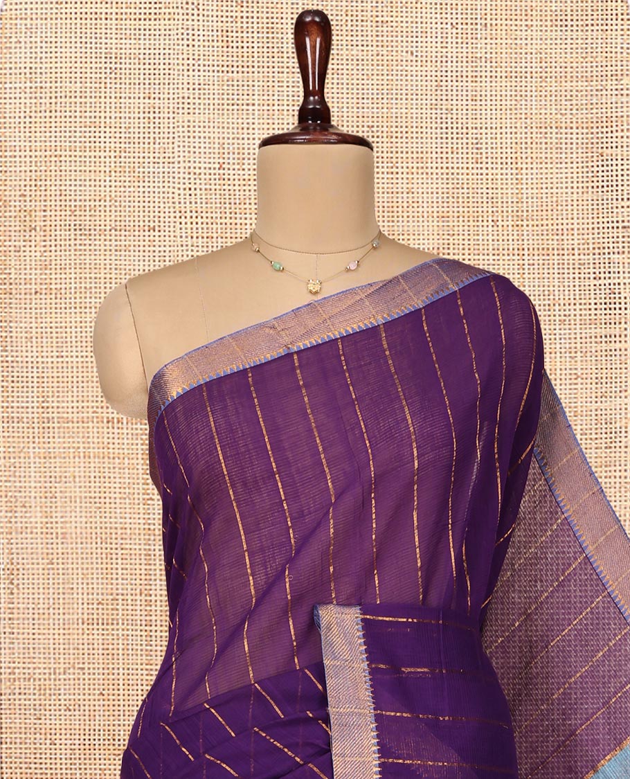 Violet Mangalgiri Cotton Saree, Detailed with Stripes on Its Body, Complemented by Contrast Zari Temple Border, Zari-Striped Pallu, and Paired with a Contrast Blouse