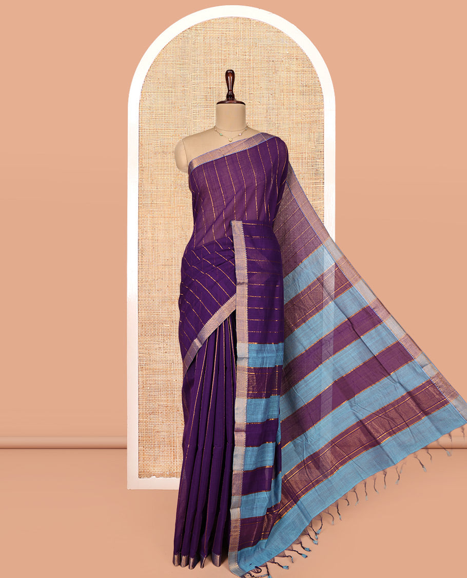Violet Mangalgiri Cotton Saree, Detailed with Stripes on Its Body, Complemented by Contrast Zari Temple Border, Zari-Striped Pallu, and Paired with a Contrast Blouse