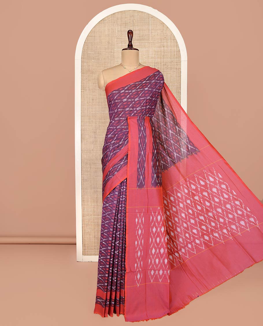 Purple Ikkat Cotton Saree, Adorned with Ikkat-Style Ogee Patterns on Its Body, Complemented by Contrast Ikkat-Textured Border, Pallu Steeped with Ikkat Ogee Patterns, and Has No Blouse