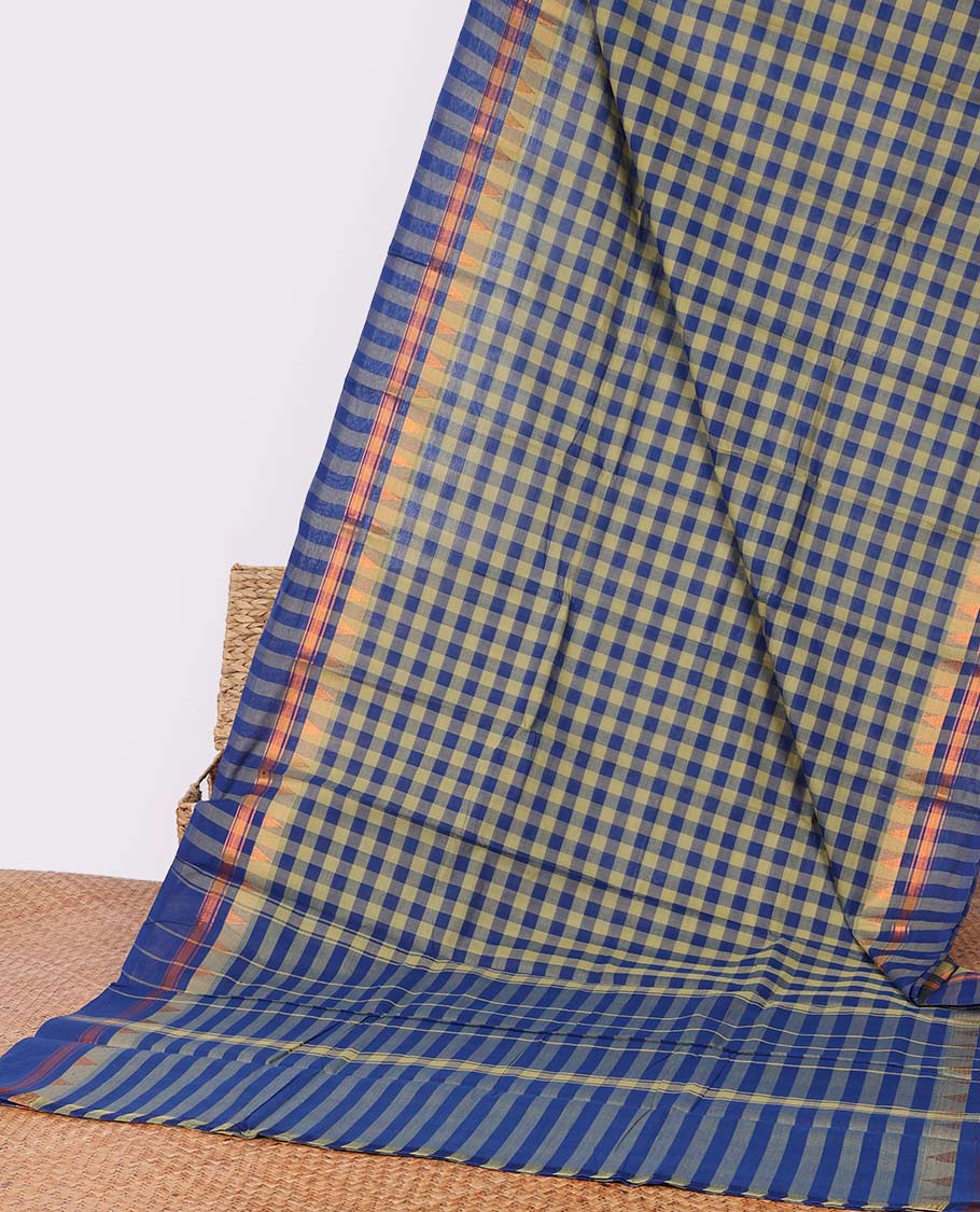 Multi-color checked Chettinad cotton saree, temple border & striped pallu