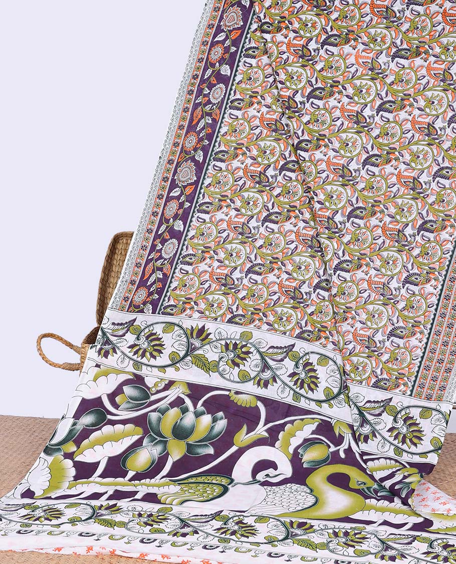 Cream floral vine design machine-printed kalamkari cotton saree with contrast border & peacock design pallu