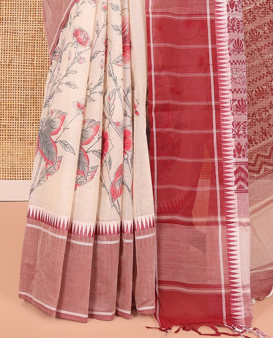 Sandal-Red Andhra Cotton Saree, Artfully Printed with a Floral Print, a Contrast Temple Border, Pallu of Floral Print, and Contrast Blouse
