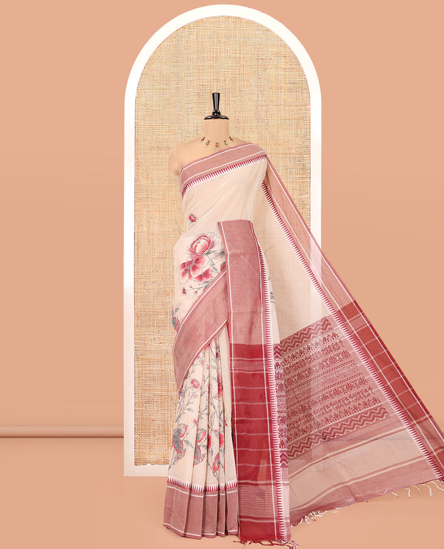 Sandal-Red Andhra Cotton Saree, Artfully Printed with a Floral Print, a Contrast Temple Border, Pallu of Floral Print, and Contrast Blouse