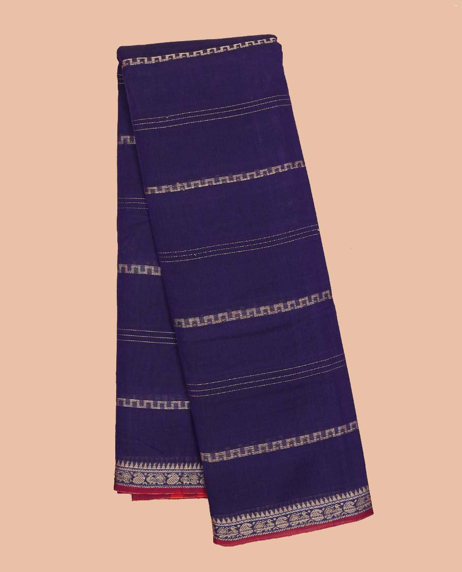 Violet striped Narayanapet cotton saree, traditional motifs border & striped pallu