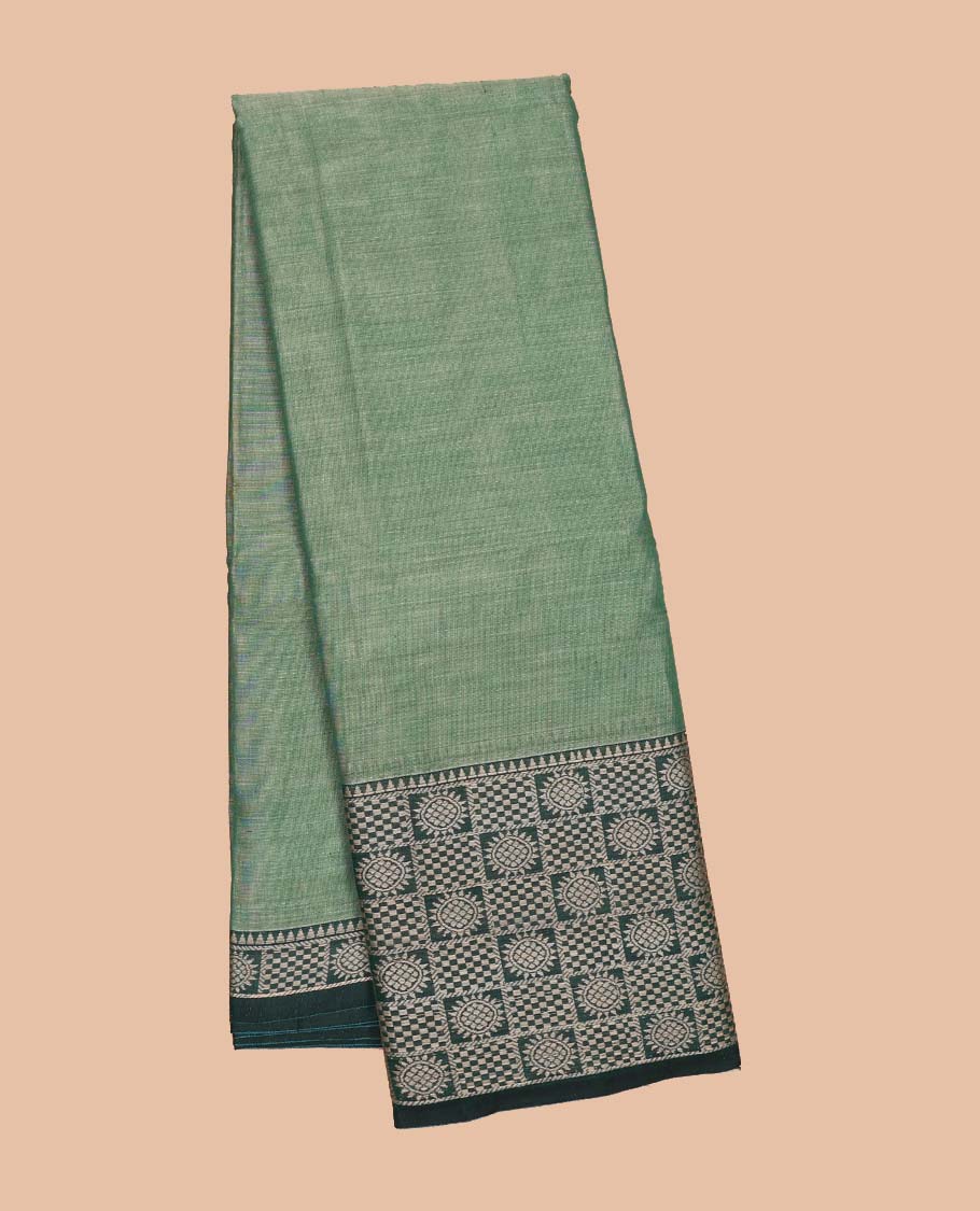 Green plain Narayanapet cotton saree, contrast chakram and bentex design border & striped pallu