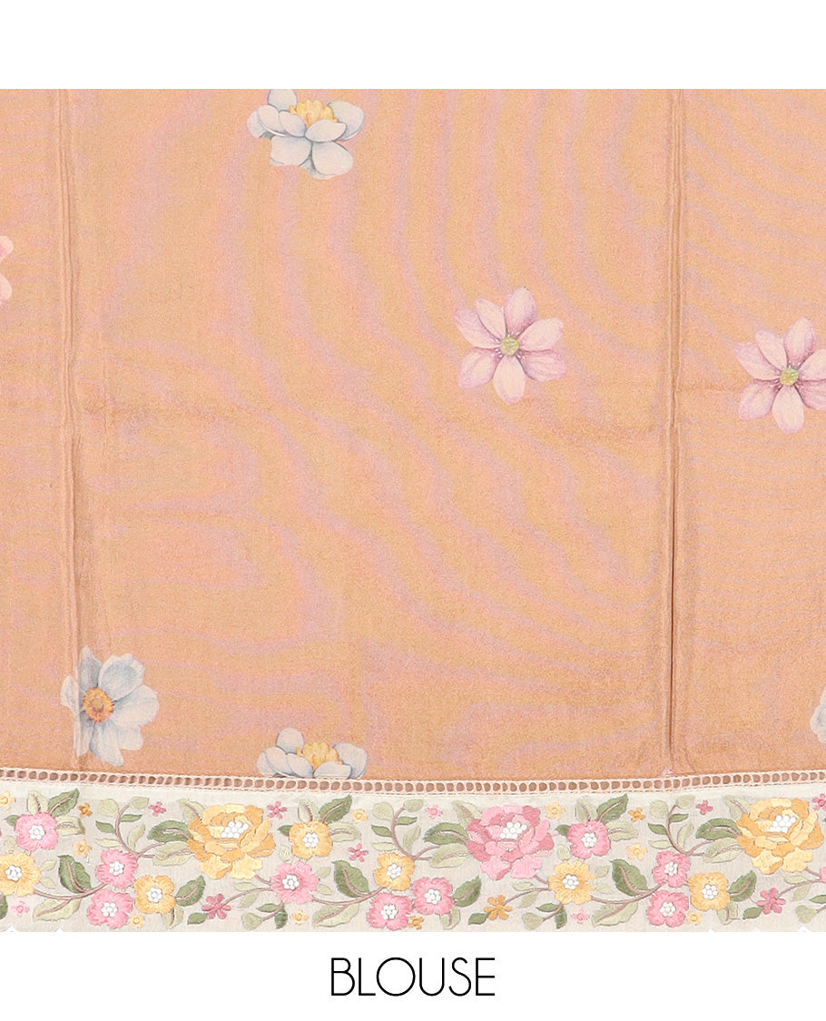 Mustard buttas with floral printed dola silk saree, contrast floral embroidered scallop border