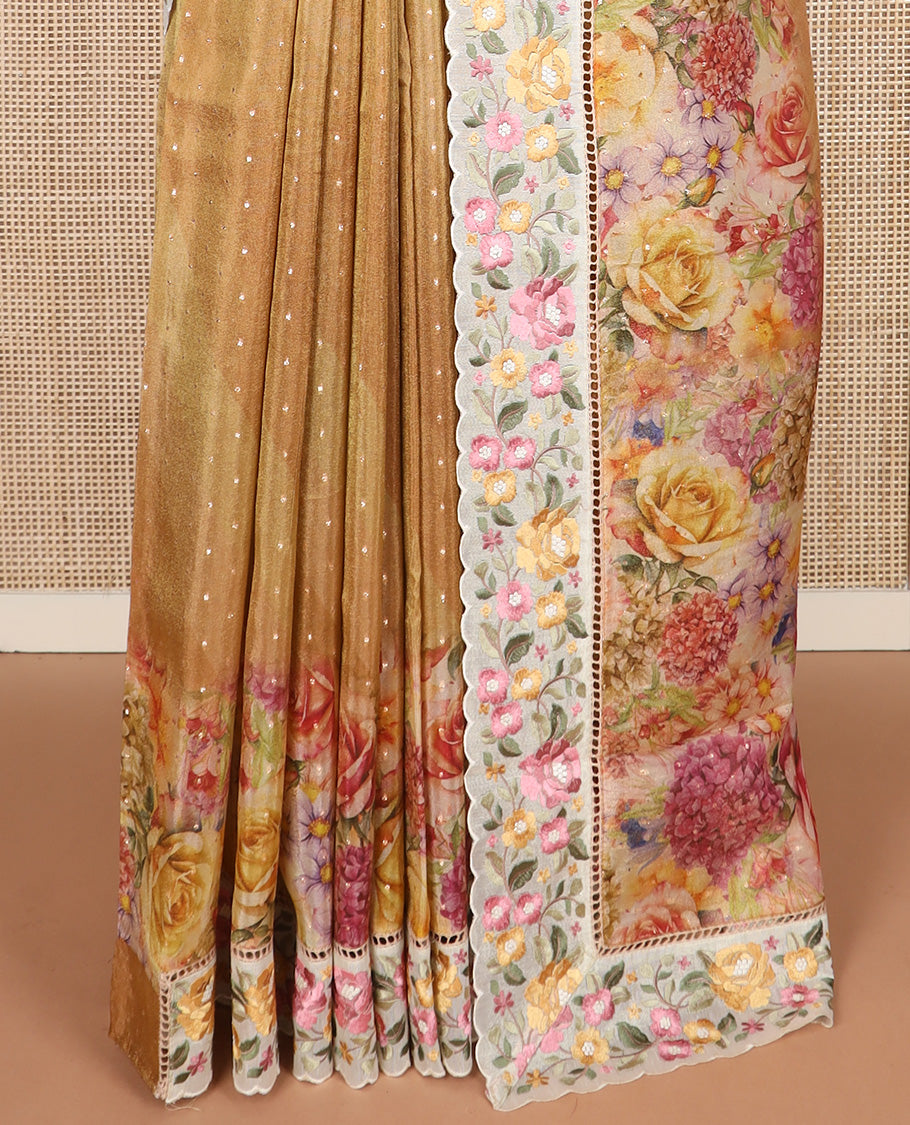Mustard buttas with floral printed dola silk saree, contrast floral embroidered scallop border