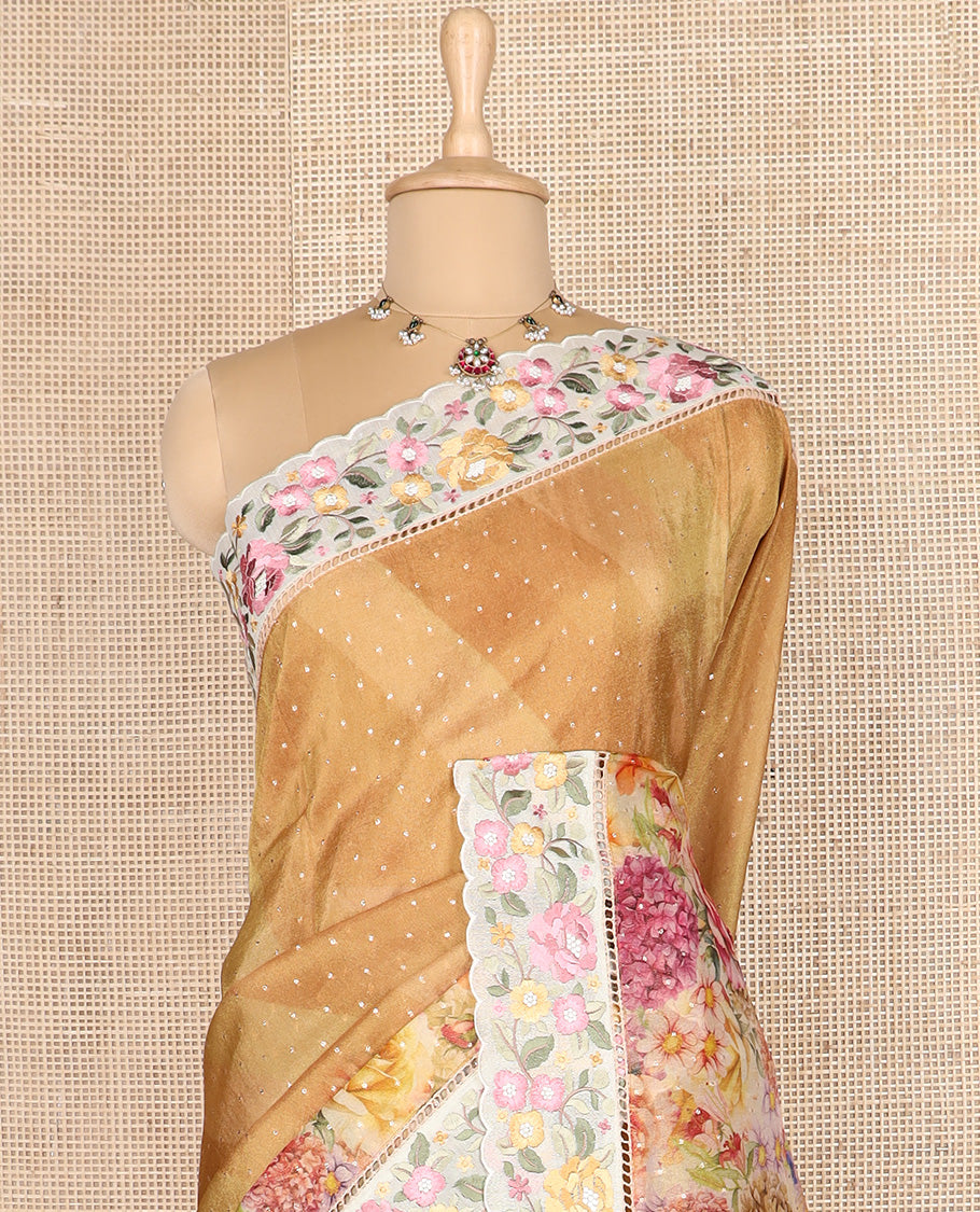 Mustard buttas with floral printed dola silk saree, contrast floral embroidered scallop border
