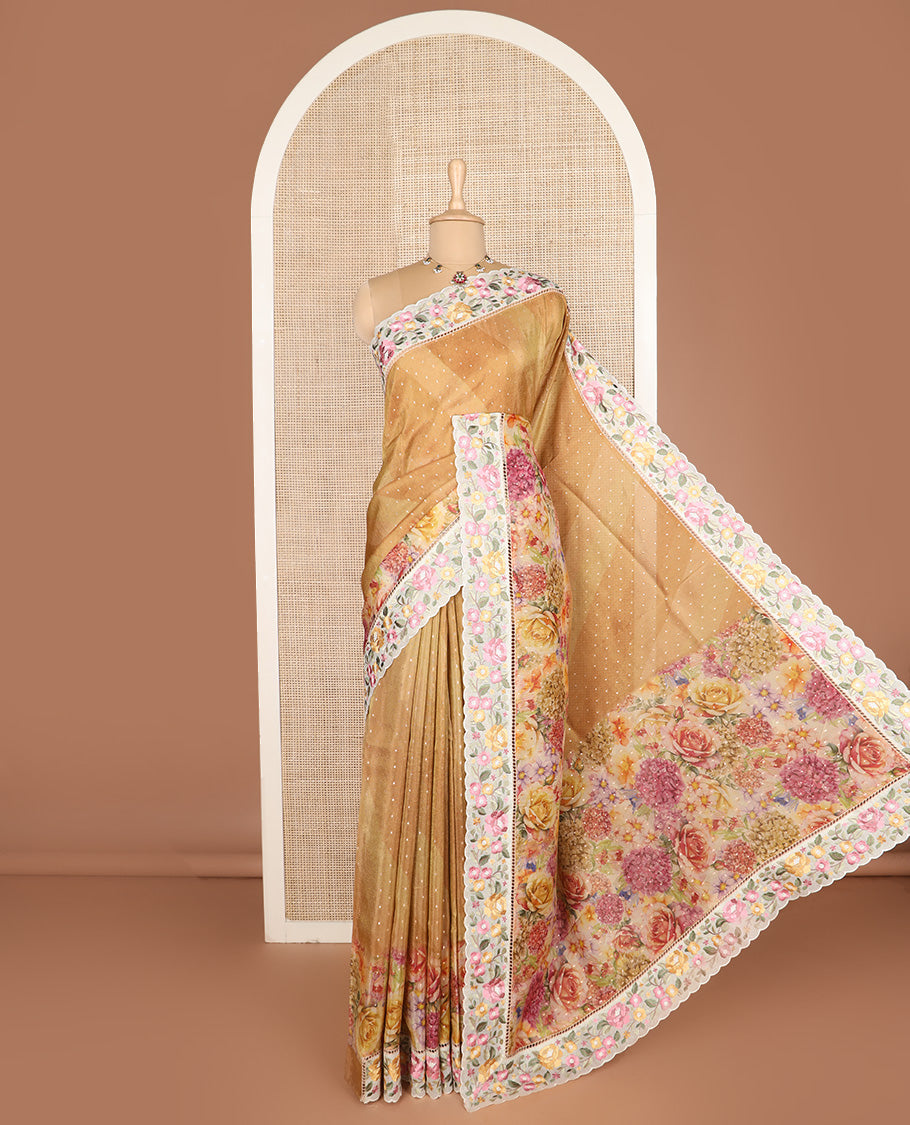 Mustard buttas with floral printed dola silk saree, contrast floral embroidered scallop border