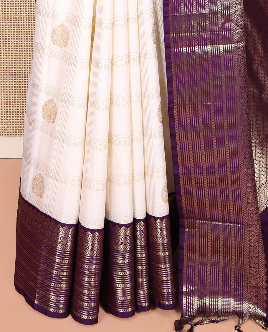 Off-White and Purple Budget Silk Saree, Bedecked with Zari Butta Enclosed Checks on Its Body, Complemented by a Contrast Traditional Zari Design Border of Paisleys, Grand Jaal Pallu, and Paired with a Contrast Blouse