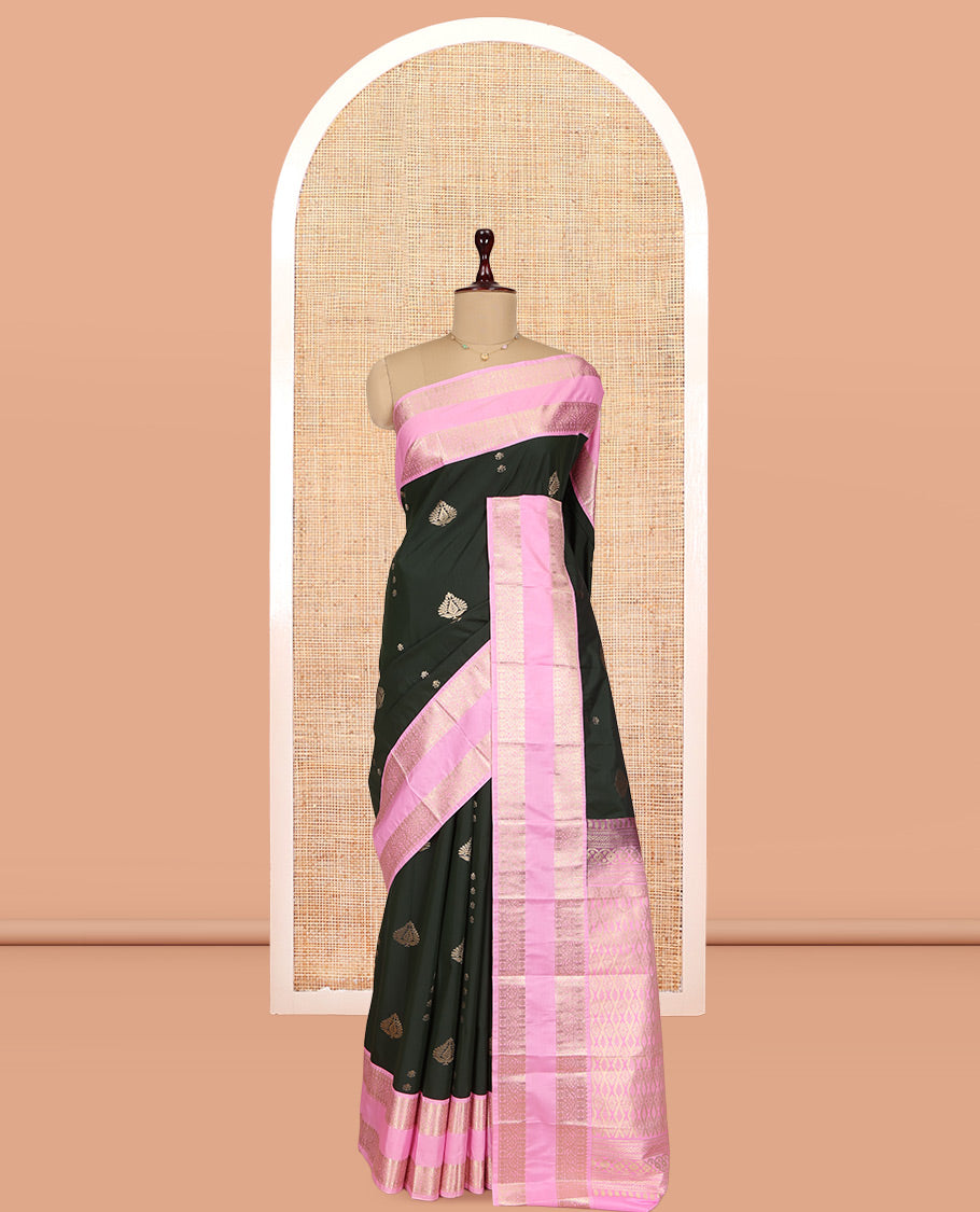 Bottle Green-Light Pink Zari Buttas Budget Silk Saree, Contrast Rettai Pettu Border, Grand Pallu, a Contrast Blouse