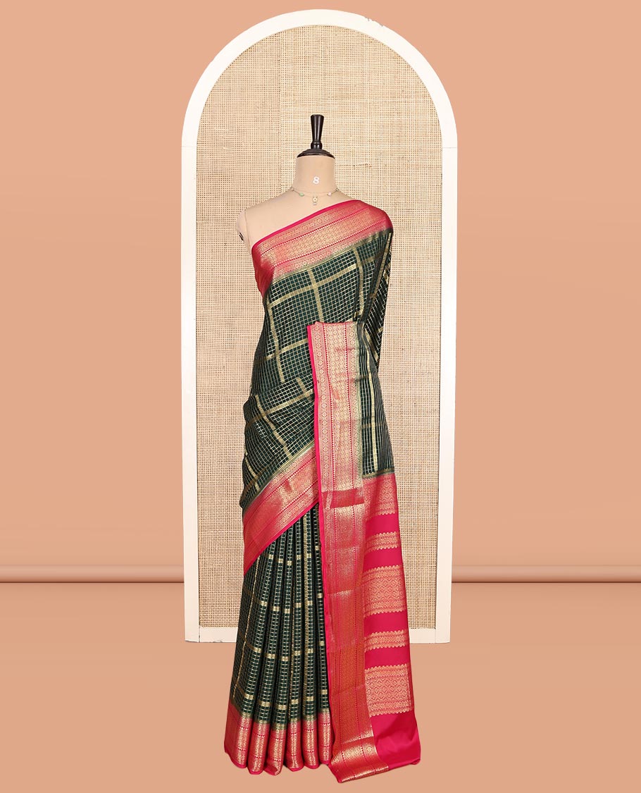 Bottle Green Fancy Mysore Silk Saree Features Zari Checks, Contrast Traditional Border, Grand Pallu, Contrast Blouse