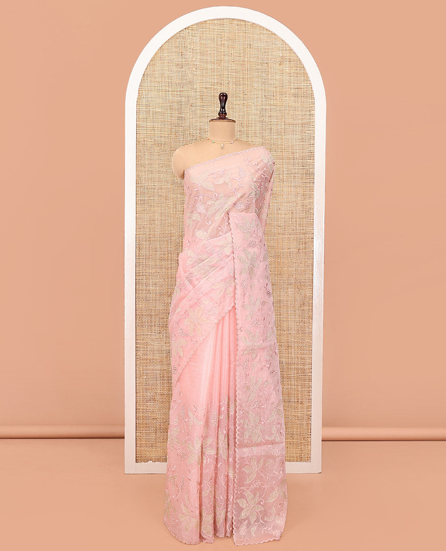 Light Peach Organza Saree, Finely Crafted with Floral Jaal Applique Embroidery All Over Its Body, Scallop Lace Border, Floral Embroidered Pallu, and Paired With a Embroidered Blouse