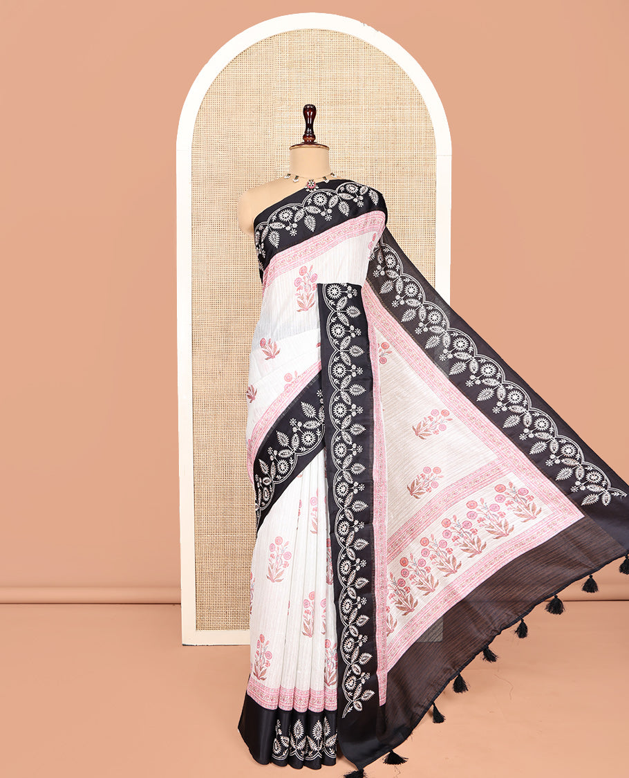 Black Green-Silk Saree, Adorned with Floral Motifs, Block Print on Its Body, Complemented by a Contrast Thread Embroidered Border, Pallu of Floral Block Print, and Paired with a Contrast Blouse